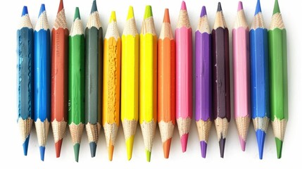 A group of colorful pencils arranged neatly on a solid white background, great for customizable stationery designs.
