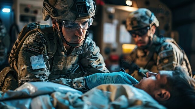 A group of military men in uniform are in a hospital, possibly receiving medical treatment or visiting injured comrades.