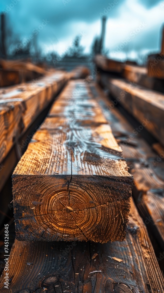 Poster a detailed view of a stack of logs, showcasing the natural patterns and textures of the wood.