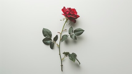 A single red rose with green leaves on a solid white background, great for customizable greeting cards or designs.
