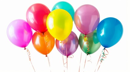 A bunch of colorful balloons against a solid white background, suitable for overlaying custom messages or graphics.
