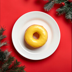 Top view of a yellow donut on white plate with Christmas decor.