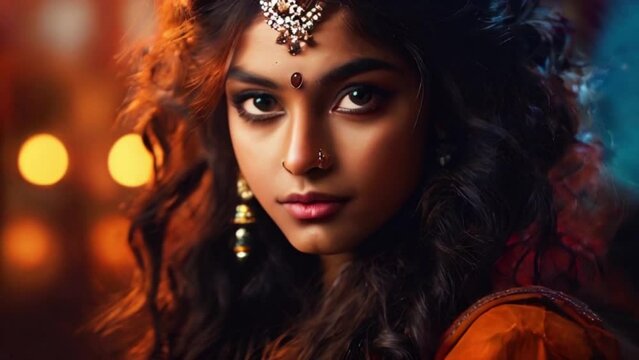 beautiful Indian girl with big eyes on red shiny background