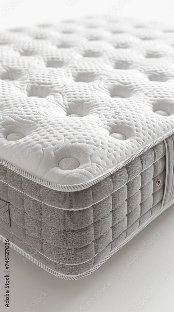Poster a detailed view of a mattress placed on a white surface, highlighting its texture and details in a m