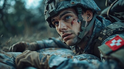 Fototapeta premium A man wearing military gear lies on the ground, possibly injured or in distress. The scene conveys a sense of urgency and emergency medical care being administered.