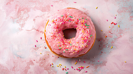 Top view of a pink donut with vibrant sprinkles on a textured background, ideal for party designs.