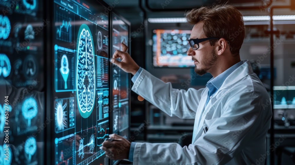 Poster a man in a lab coat is focused on a computer screen, analyzing data in a laboratory setting.