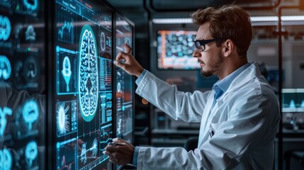 A man in a lab coat is focused on a computer screen, analyzing data in a laboratory setting.