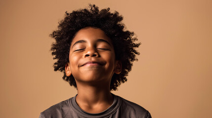 portrait of african descendant boy smiling with eyes closed, copy space - obrazy, fototapety, plakaty