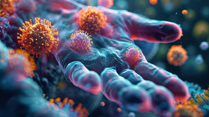 Cartoon microbe on the surface of human hand, Hygiene concept, bacteria and viruses background, blue colors