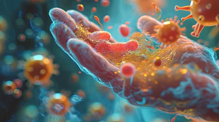 Poster Cartoon microbe on the surface of human hand, Hygiene concept, bacteria and viruses background © Kateryna Kordubailo