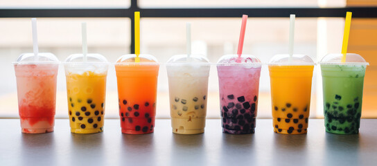 Cold Refreshing Beverage: Sweet & Fruity Strawberry Tapioca Bubble Tea in a Plastic Cup with Ice and Straw, for a Trendy and Healthy Summer Drink.