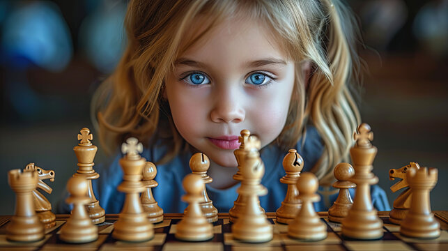 Little girl with blue eyes playing chess, concept of pastime useful, playing mind games