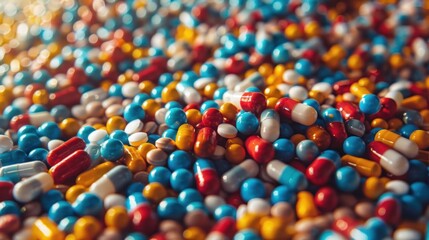 Close-up view of a large assortment of vibrant colored pills from a pharmacy. - obrazy, fototapety, plakaty