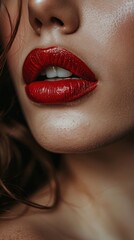 A detailed view of a womans lips wearing vibrant red lipstick, emphasizing her lip shape and color.