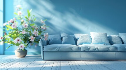 A modern blue couch elegantly placed on a wooden floor, creating a stylish and inviting living room setting.