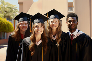 A happy group of graduates at the graduation ceremony. The multiracial students are dressed in festive black robes and graduate hats.