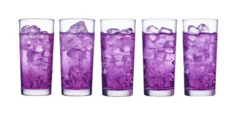 Collection of glass of purple soda isolated on a white background as transparent PNG