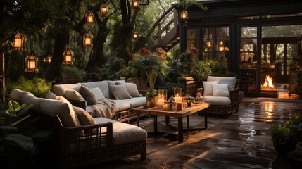 Obraz premium An outdoor sanctuary with ethereal ivory and mystical midnight patio furniture