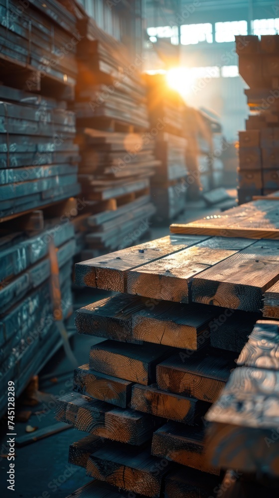 Poster a stack of wooden planks neatly arranged in rows inside a warehouse or factory setting.