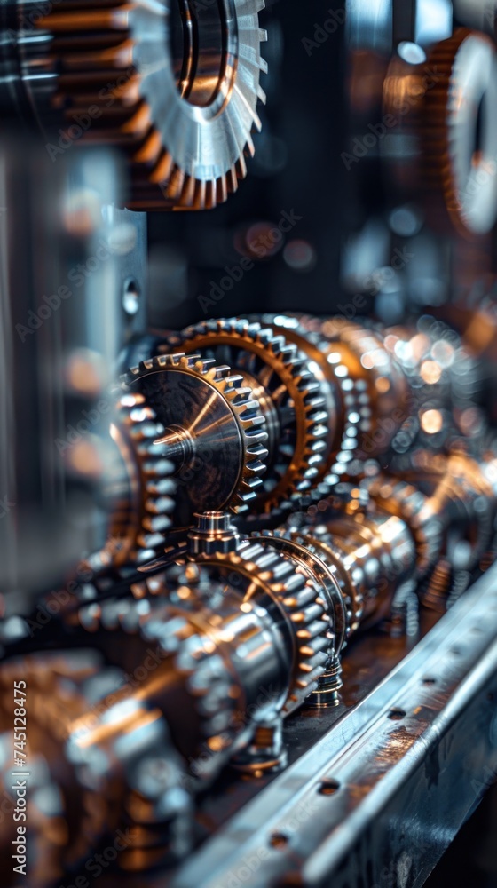 Poster Detailed close up of a machine revealing intricate gears and cogs in motion, highlighting the mechanical complexity of the system.