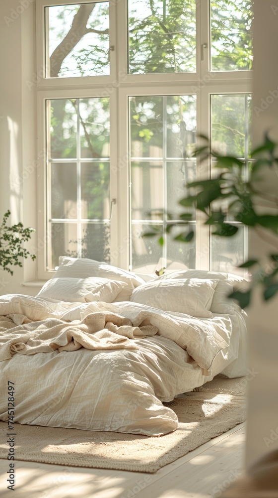 Poster a bed with bedding is positioned next to a window in a bedroom, with a blurred view of light filteri