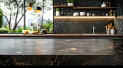 Fototapeta na wymiar A modern, empty dark marble counter top or kitchen island in a clean and contemporary kitchen setting.