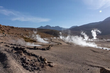 Tatio Geysers in San Pedro de Atacama, Chile, South America. Dramatic volcanic hot springs with rising water and steam