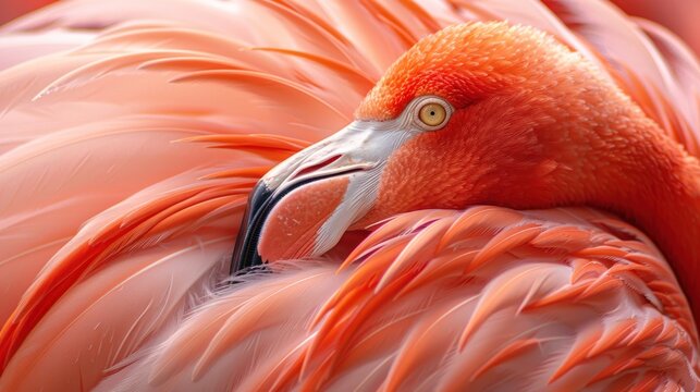 A detailed view of a pink flamingo showing its vibrant plumage and distinctive yellow eye.