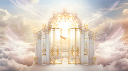 Serene Representation of Celestial Heaven with Divine Golden Gates amid Peaceful Clouds - obrazy, fototapety, plakaty