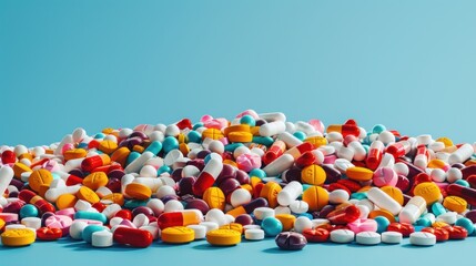 A large pile of vibrant pills in various colors stacked on a bright blue surface.