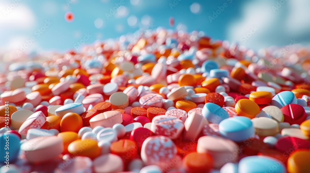 Poster a large quantity of various brightly colored candies spread out on a table surface.