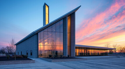 Fototapeta premium Contemporary Church Architecture with Reflective Glass Facade at Sunset: Dramatic Sky and Modern Religious Design Stock Photo.