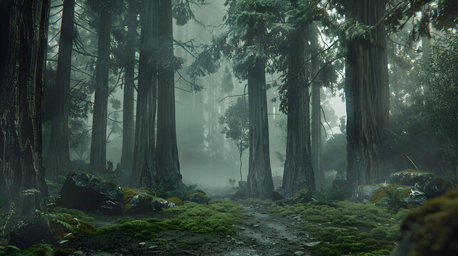 A misty morning scene with delicate tendrils of fog weaving through towering redwood trees, creating an ethereal atmosphere in the ancient woodland
