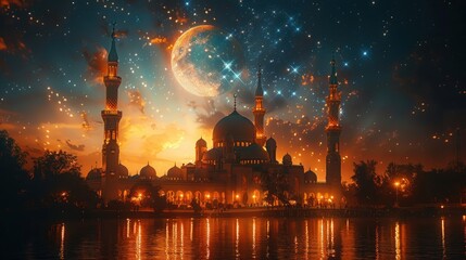 Fototapeta premium Ramadan holiday card with traditional symbols - month, mosque, lantern. Festive atmospheric background.