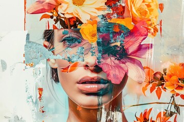 An art composition, a woman's face with flowers. Abstract collage of modern art, portrait of a...
