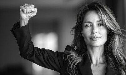 A proud business woman is holding a fist in air
