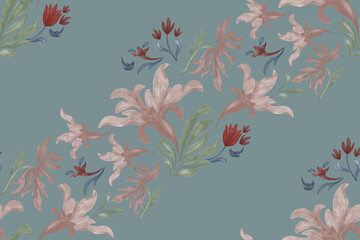 Obraz premium Ethnic floral pattern seamless watercolour background border. Vintage flowers motifs leaves branch design hand drawn illustration.
