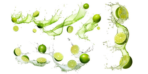 Collection of lime with water splash isolated on a white background as transparent PNG