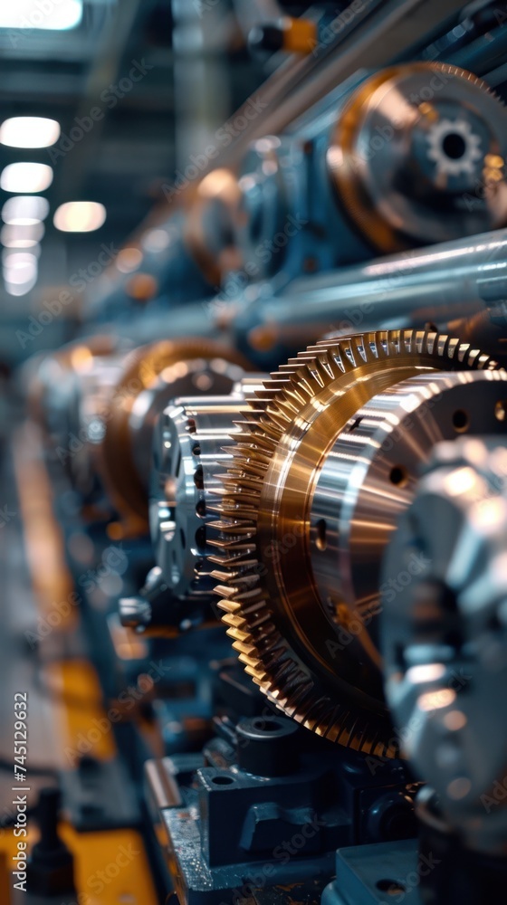 Poster detailed view of the intricate gears system of a machine inside a factory setting, showcasing precis