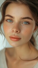 Obraz premium A detailed view showing a young womans face with striking blue eyes.