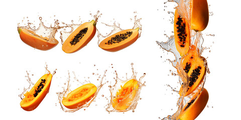Collection of papaya with water splash isolated on a white background as transparent PNG