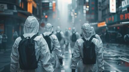 A group of people wearing biohazard suits walk down a city street in the rain. They navigate through the wet conditions, highlighting the need for protective gear.