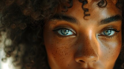 A detailed view of an African American womans face showcasing striking blue eyes.
