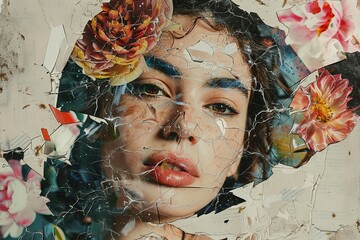 An art composition, a woman's face with flowers. Abstract collage of modern art, portrait of a young woman with flowers on her face hiding her eyes.