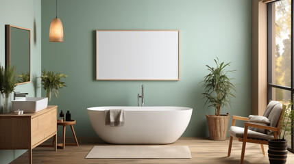 Modern bathroom interior with freestanding tub, minimalist furniture, and framed mock-up poster.