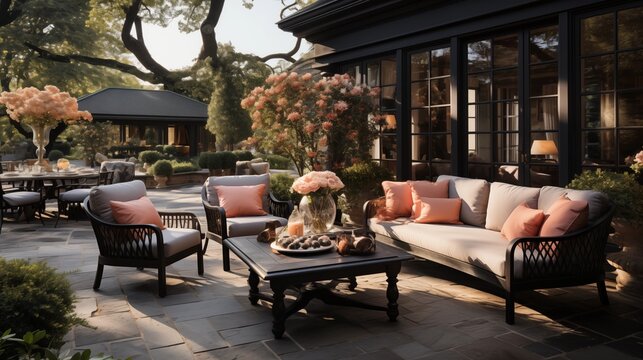 An outdoor sanctuary with pale coral and dark velvet patio furniture