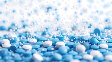 Blue and white pills are randomly scattered on the ground in a disorganized manner.