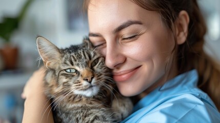 A woman gently holds a cute ill cat in her arms.