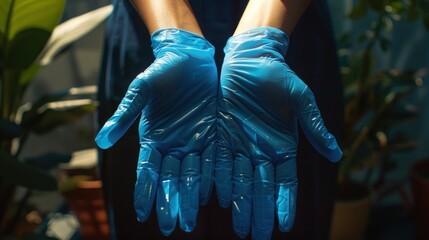 Obraz na płótnie Canvas A persons hands are adorned with blue latex gloves.
